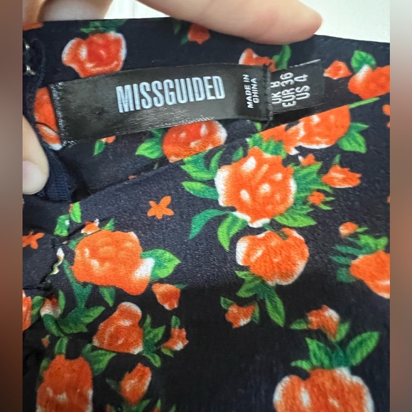 MISSGUIDED Navy Blue & Orange Floral Print A-Line Dress with High Slit fall - Picture 7 of 7
